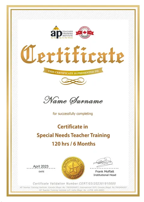 Sample APTTI certificate for the Certificate in Special Education